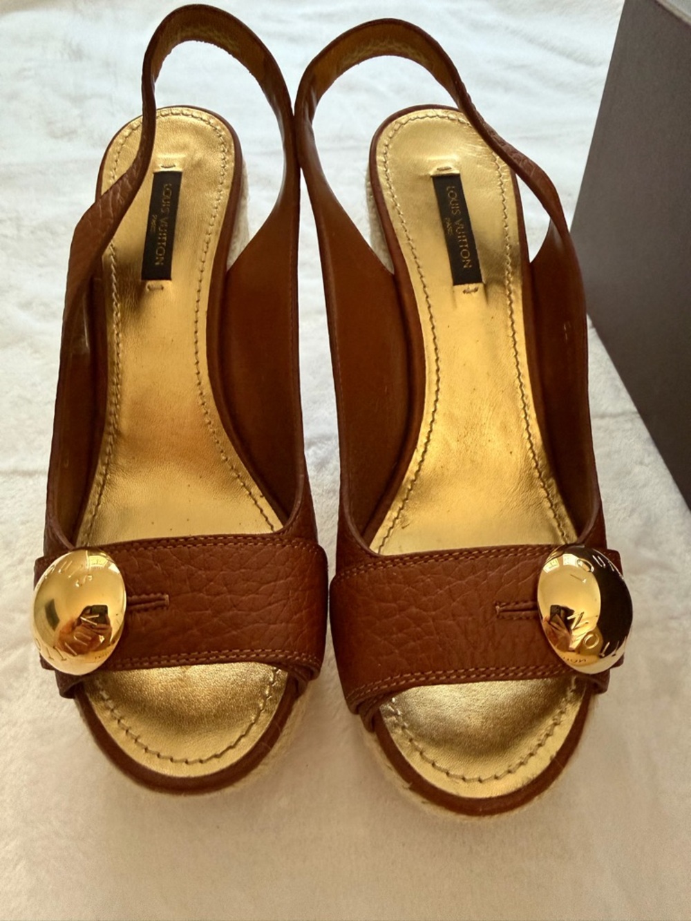 Louis Vuitton Women’s Brown Leather Slingback Wedge Sandals with Gold Accent